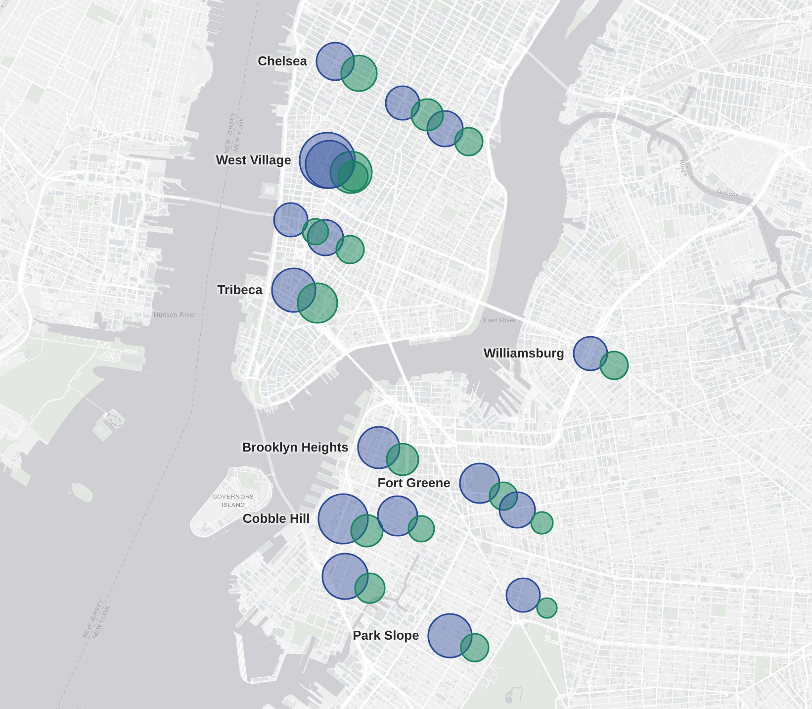 Zoomed-in map of lower Manhattan and brownstone Brooklyn with blue buyer and green renter demand circles by neighborhood