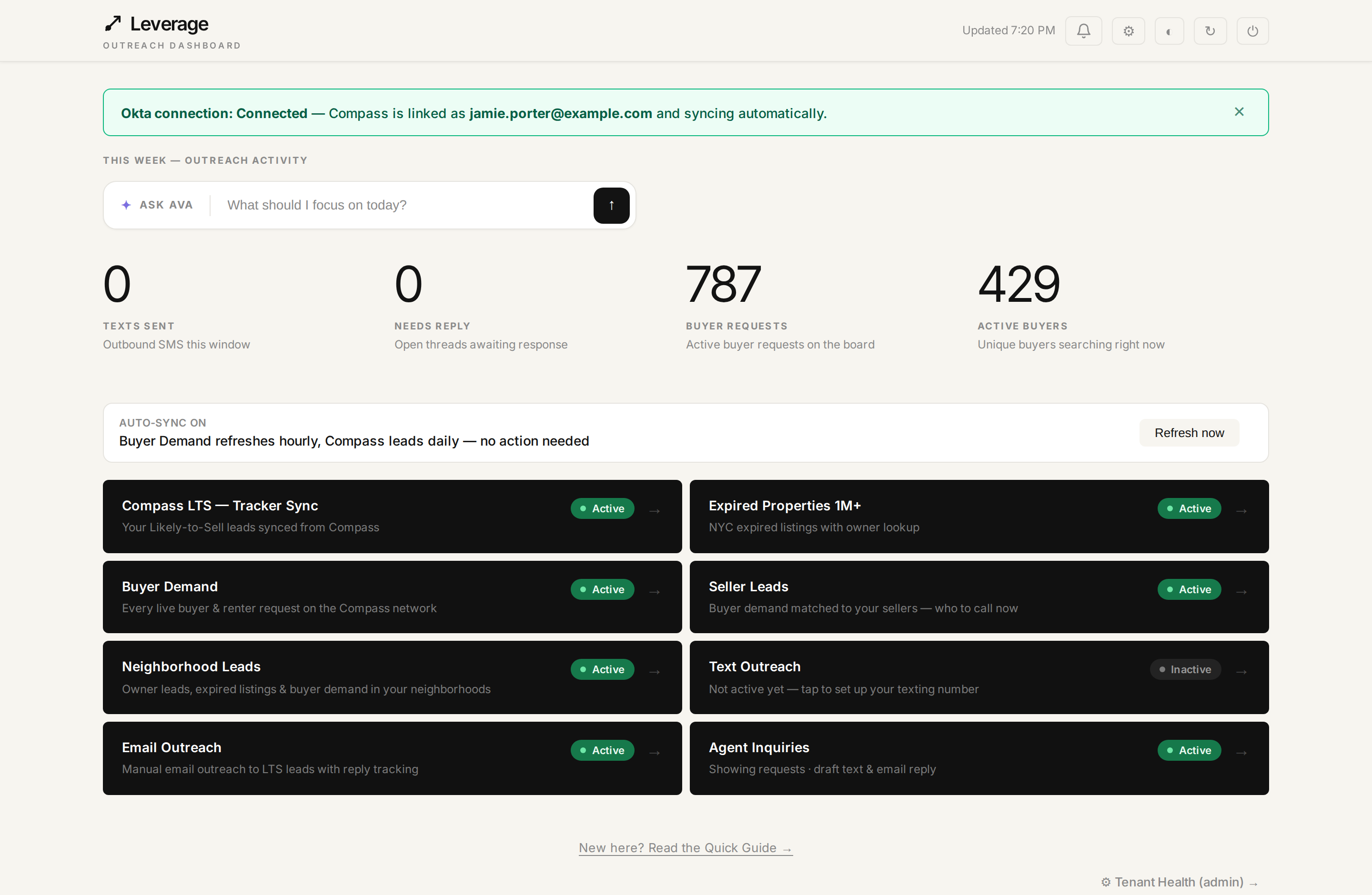 Leverage dashboard overview — outreach activity, six engine cards, all active