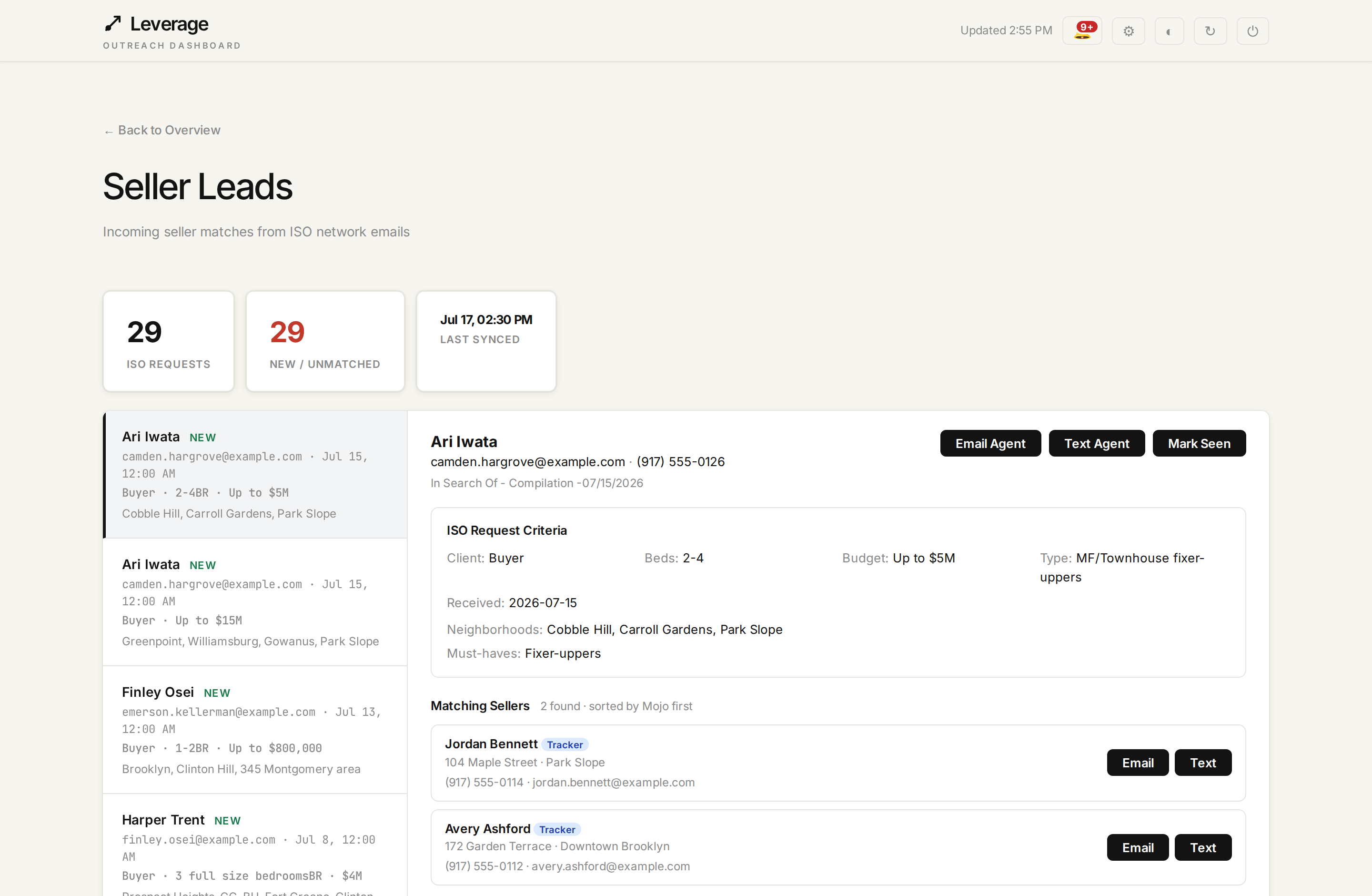 Seller Leads — ISO buyer requests matched to likely-to-sell leads, with email and text actions