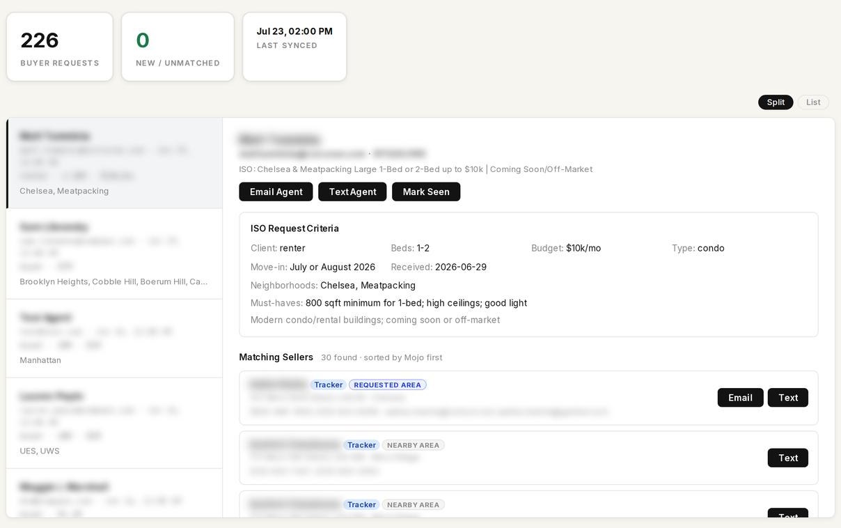 Seller Leads: a renter's ISO request criteria beside 30 matching sellers, each with Email and Text actions