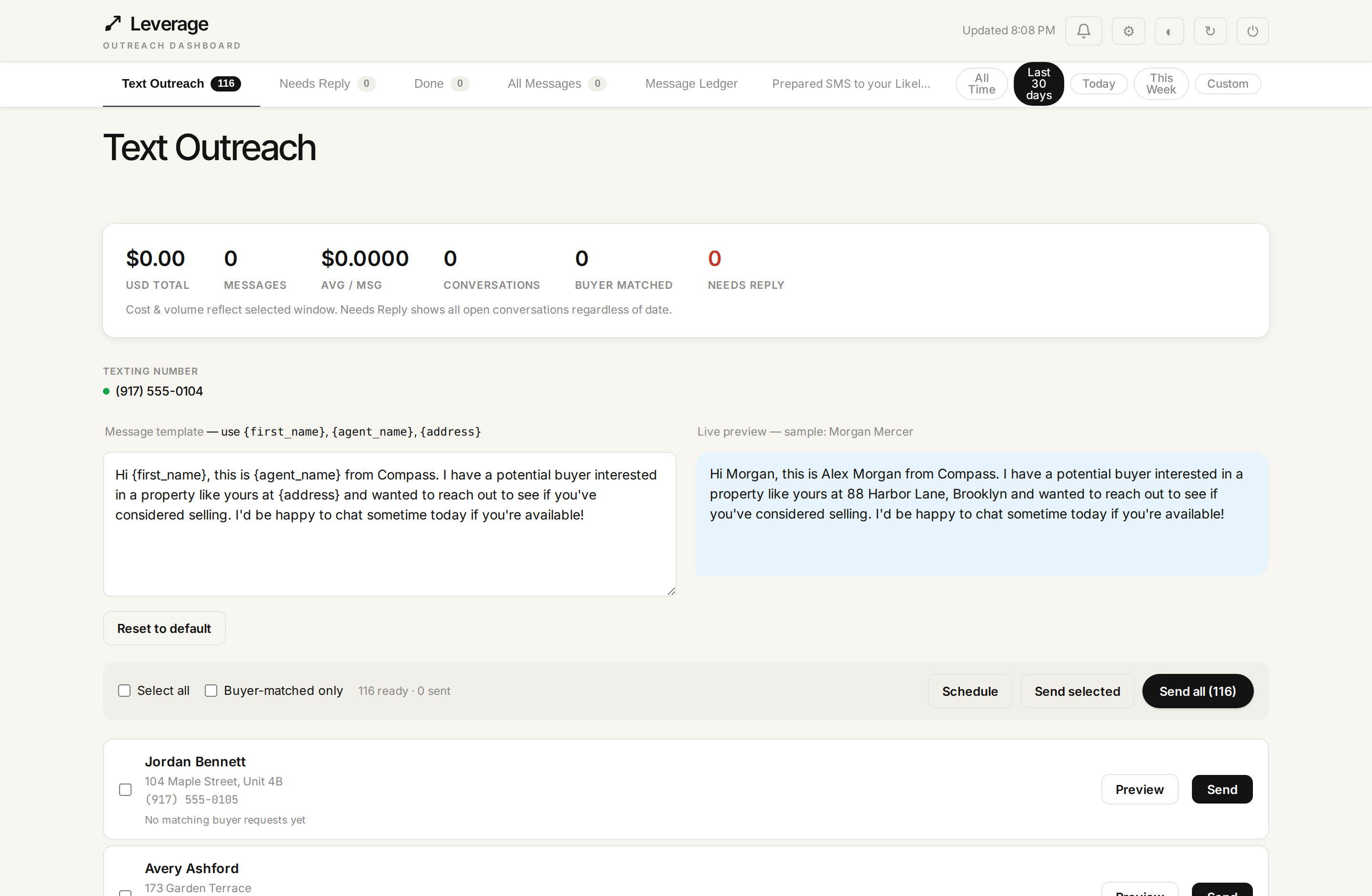 Text Outreach — SMS template editor with live preview and prepared send queue